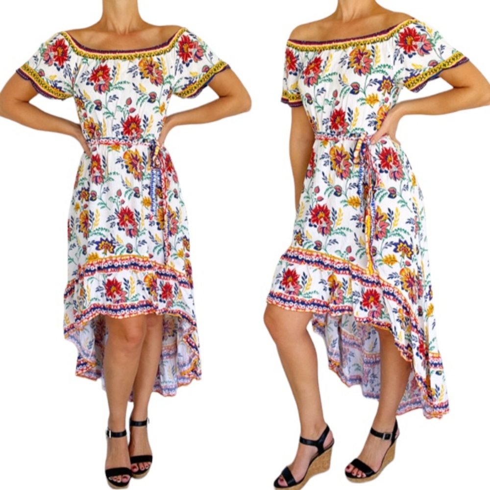 💃SOLD💃 Flying Tomato colorful floral off shoulder high low dress